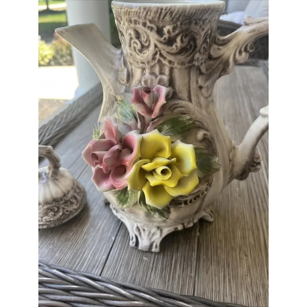 Capodimonte Porcelain Flower Pitcher With Lid Made In Italy. Pink Flower Is Chip